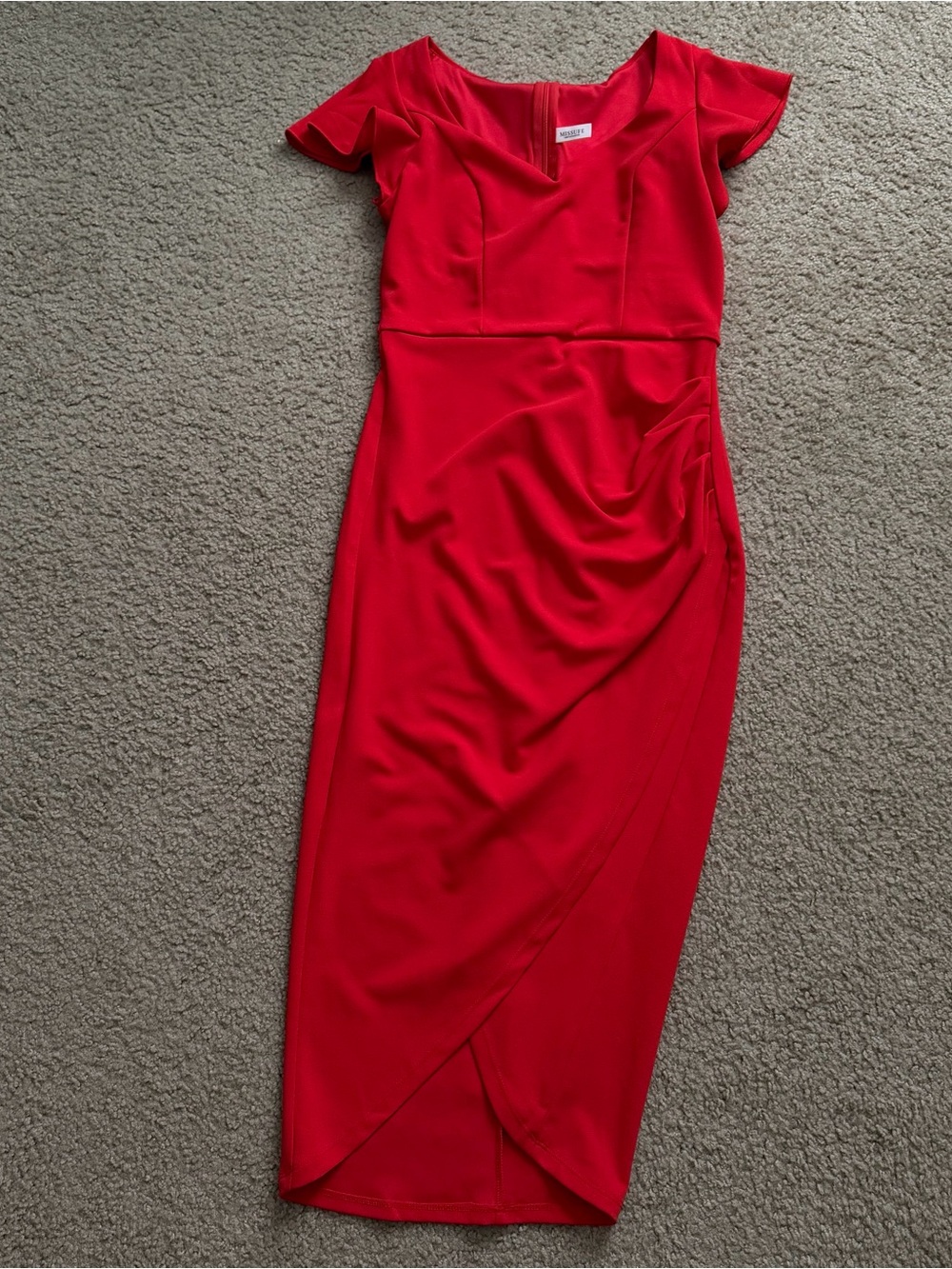 Red Fitted V-Neck Midi Dress